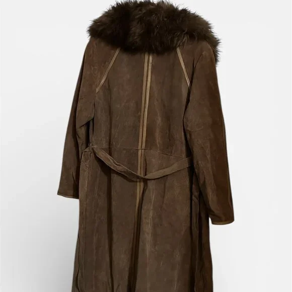 Vintage Long Brown Leather & Suede Coat w/ Lamb Fur Trim – Suede Belt - Picture 7 of 8